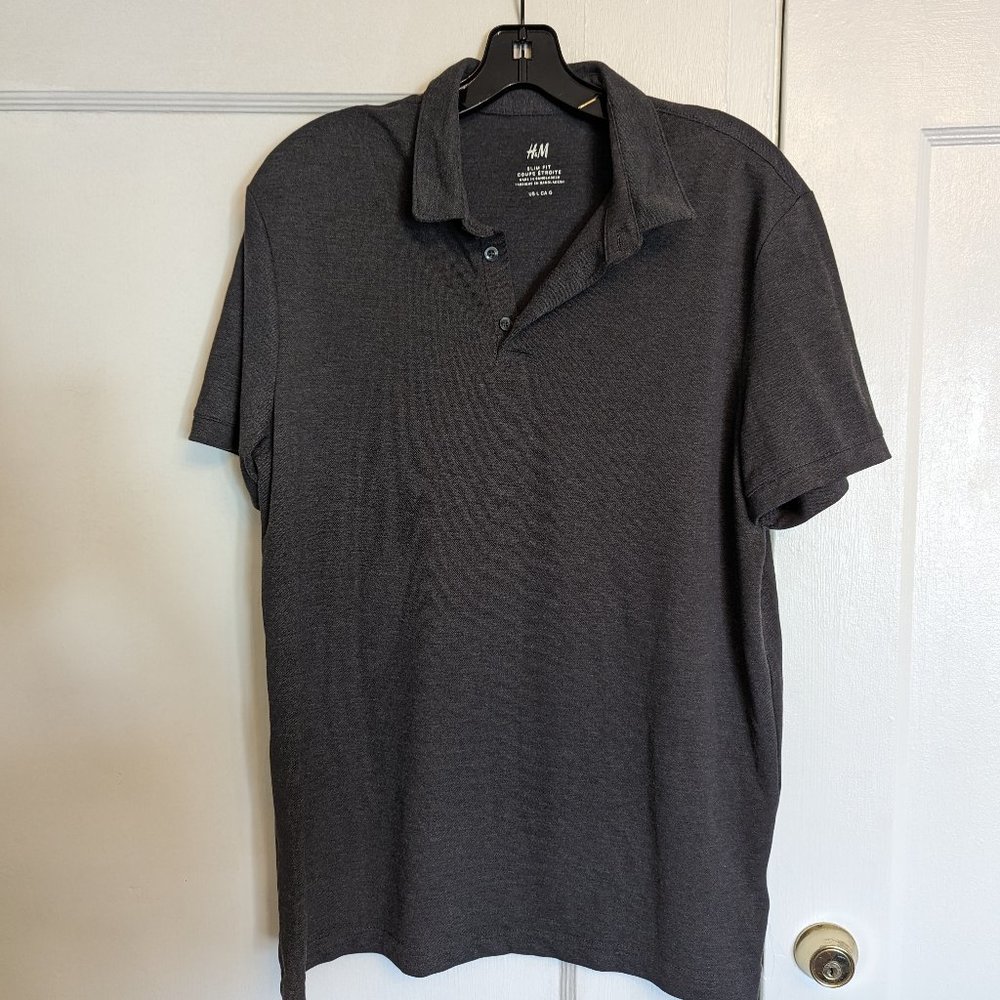 Mens H&M large slim fit dark grey short sleeve crew neck polo shirt